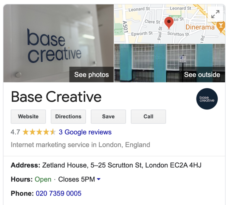 Google My Business for Base Creative digital marketing agency in London